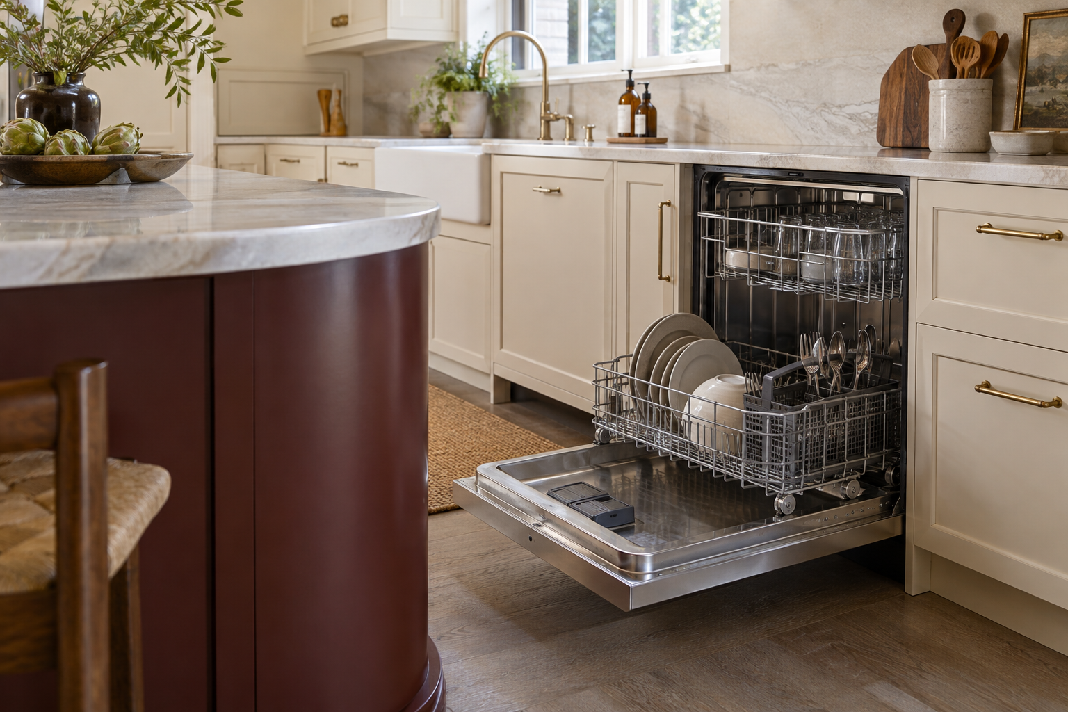 Illustrative Monogram dishwasher in a residential kitchen — AI image for Viking Repair Pelham Manor