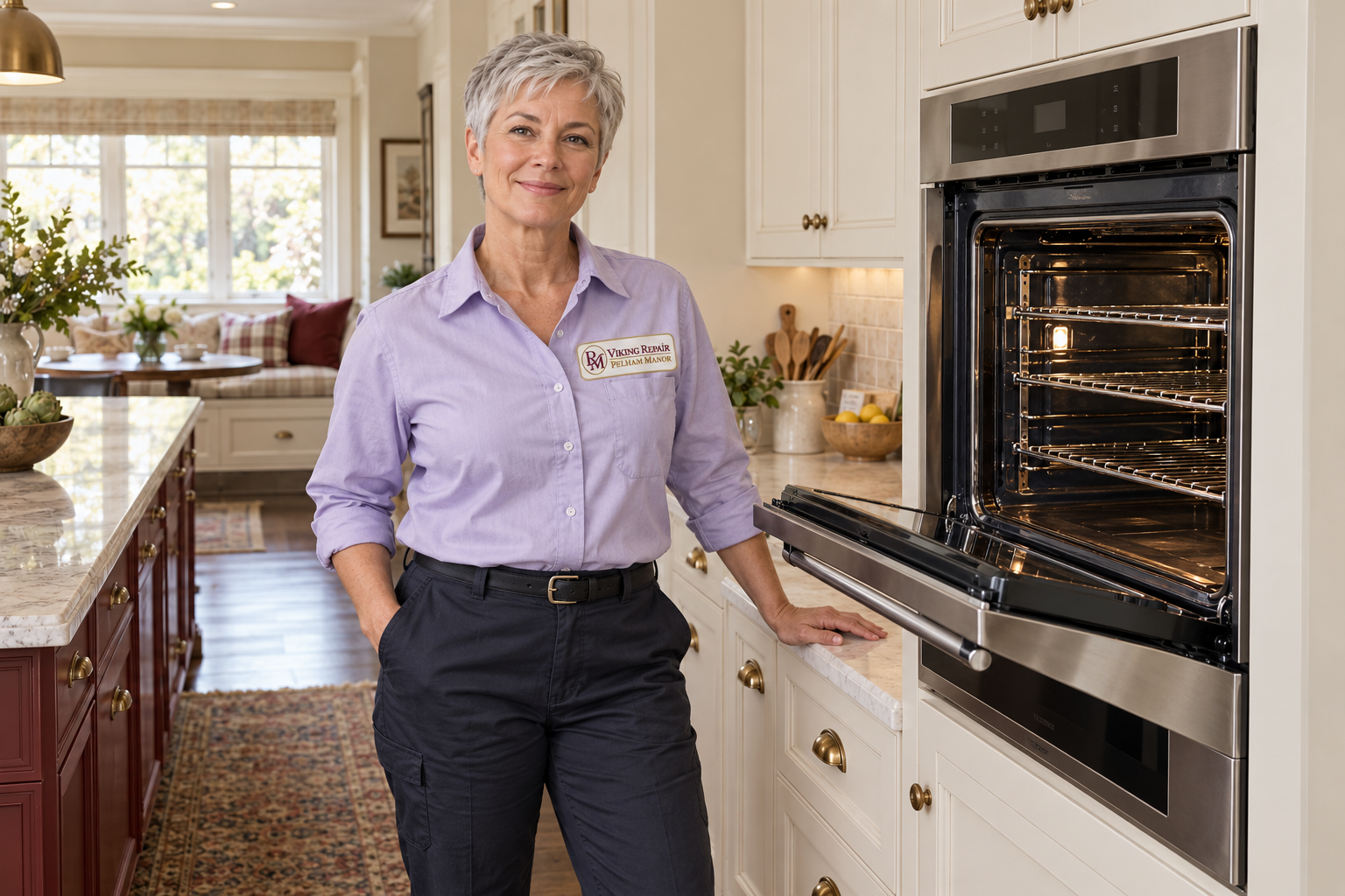 Fictional technician beside a Wolf oven — AI illustration for Viking Repair Pelham Manor