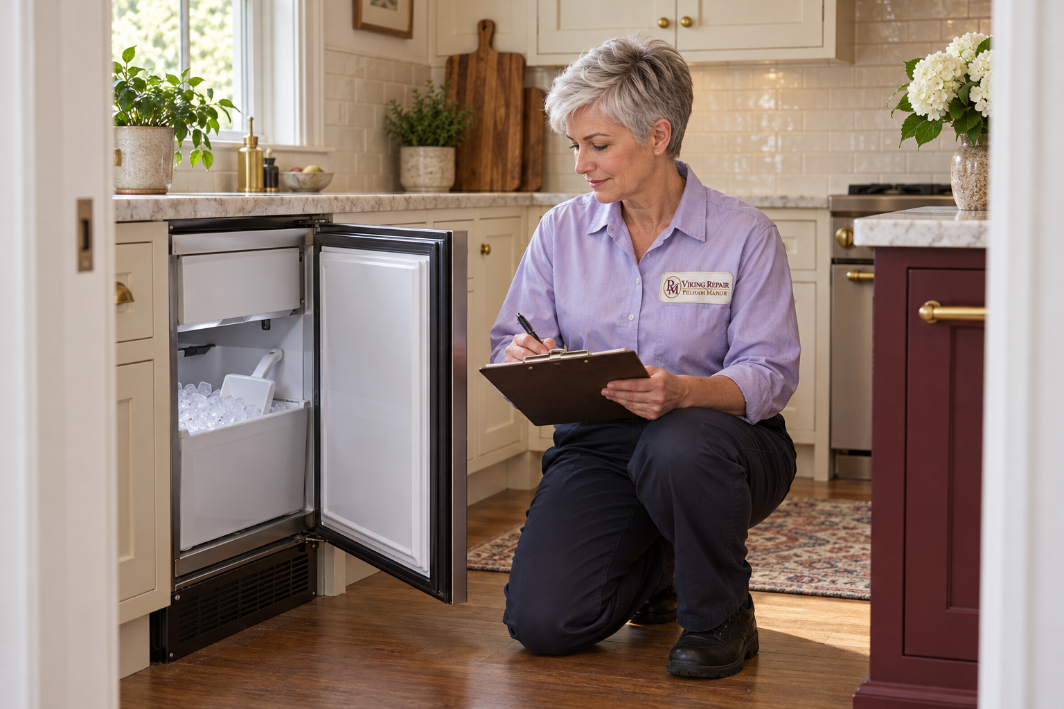 Fictional technician beside a Sub-Zero ice maker — AI illustration for Viking Repair Pelham Manor