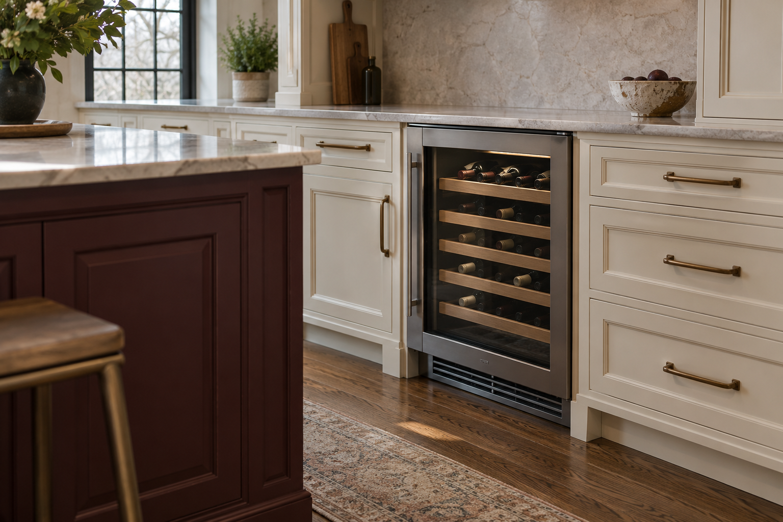 Illustrative Sub-Zero wine cooler in a residential kitchen — AI image for Viking Repair Pelham Manor